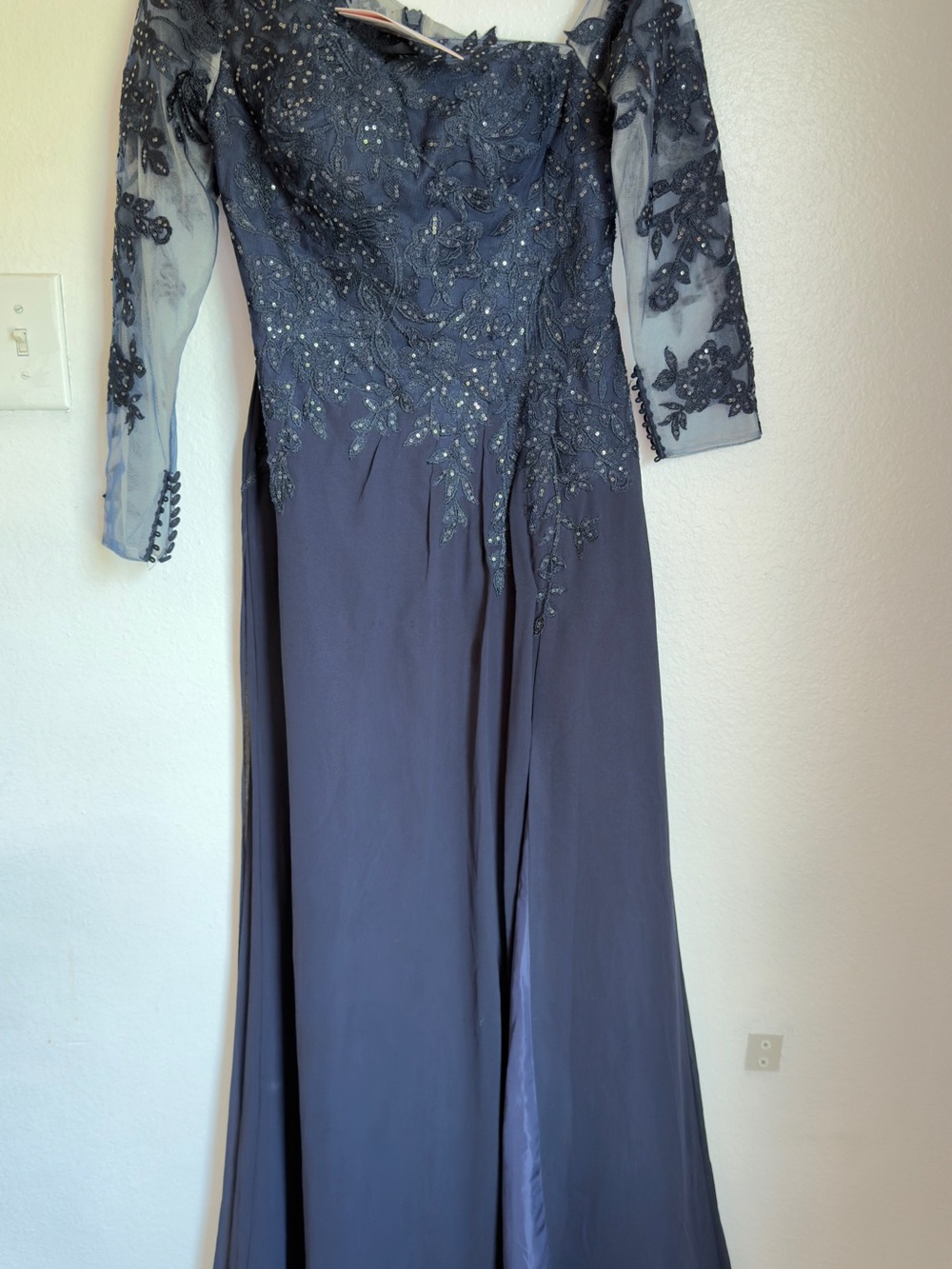 JJ’s House Navy Blue Embroidered Sequin Long Sleeve Formal Gown